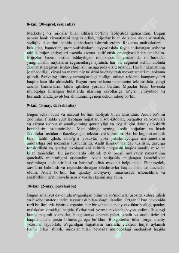 “Agrobank amaliyot kundaligi (14 kunlik to‘liq Word hujjat)” “Buxgalter yordamchisi amaliyot kundaligi – Agrobank, Parkent (14 kun)” “Bankda amaliyot o‘taganlar uchun tayyor kundalik – 2025-yil namunasi” “Buxgalteriya amaliyot kundaligi (Agrobank tuman filiali asosida)” “Tayyor bank amaliyot kundaligi 4