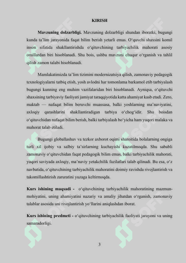 Hozirgi kunda o’qituvchi tarbiyachilik mahoratining asosiy mohiyati kurs ishi 3