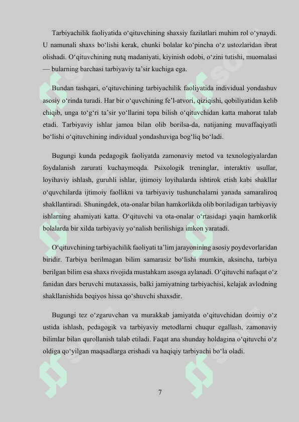 Hozirgi kunda o’qituvchi tarbiyachilik mahoratining asosiy mohiyati kurs ishi 7