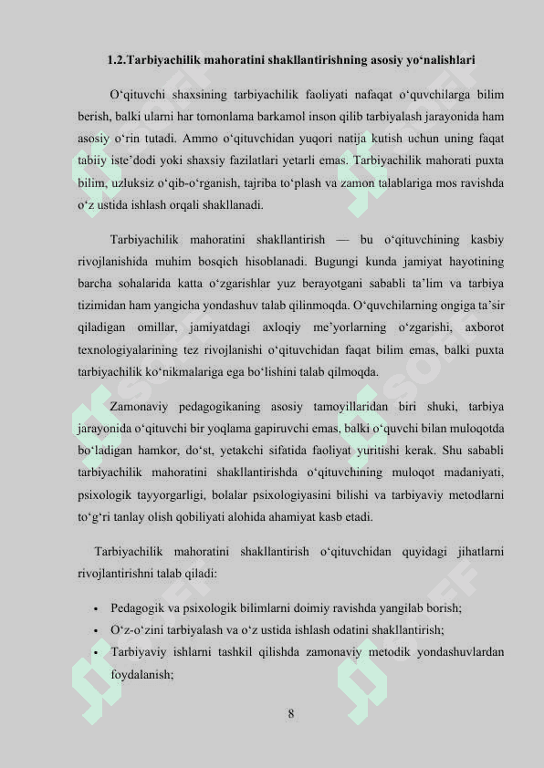 Hozirgi kunda o’qituvchi tarbiyachilik mahoratining asosiy mohiyati kurs ishi 8