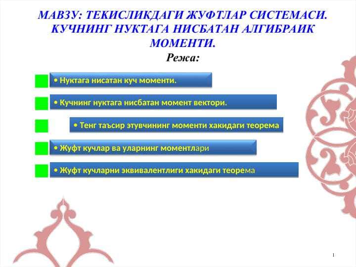 TEKИСЛИКДАГИ ЖУФТЛАР СИСТЕМАСИ. KУЧНИНГ НУКТАГА НИСБАТАН АЛГИБРАИК МОМЕНТИ