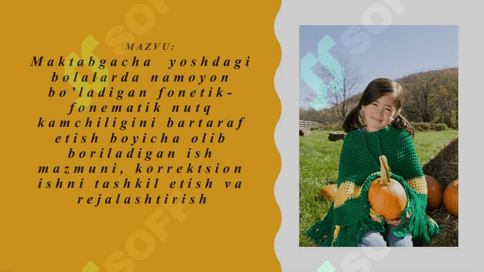 Maktabgacha  yoshdagi bolalarda namoyon bo’ladigan fonetik-fonematik nutq kamchiligini bartaraf etish boyicha olib boriladigan ish mazmuni, korrektsion ishni tashkil etish va rejalashtirish 2