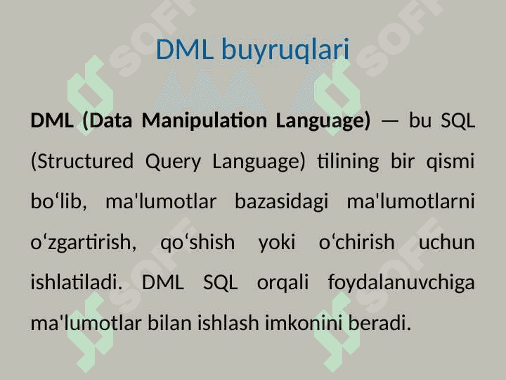 Ma’lumotlarni qayta ishlash  SQL operatorlari 2