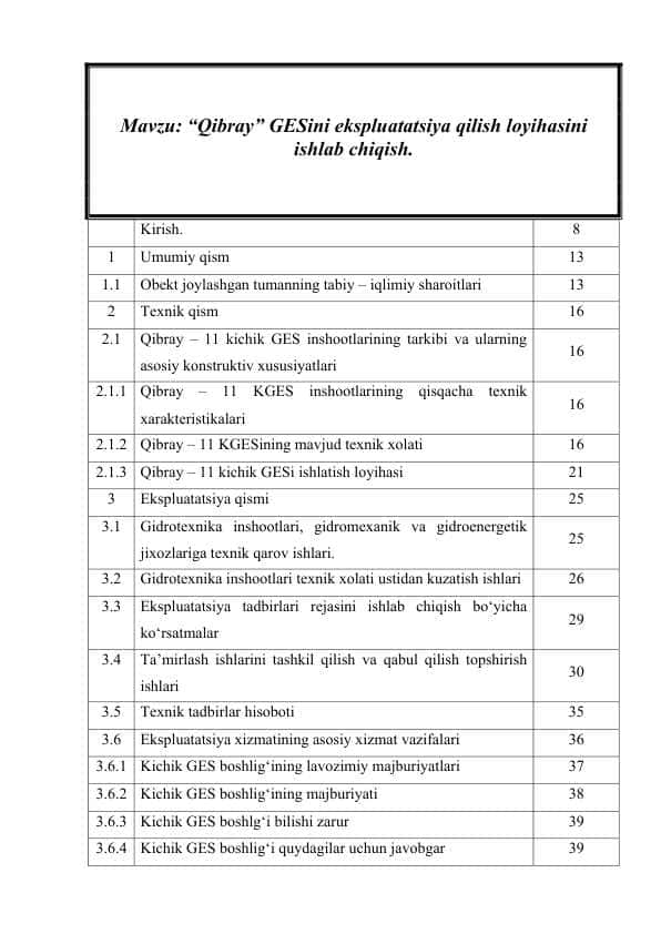 Qibray” GESini ekspluatatsiya qilish loyihasini ishlab chiqish. 1