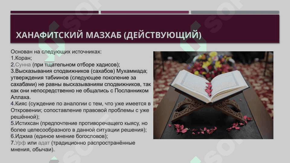 Религиозно-правовые школы в Исламе – мазхабы (ханафиты, ханбалиты, шафииты, маликиты; имамиты). 4