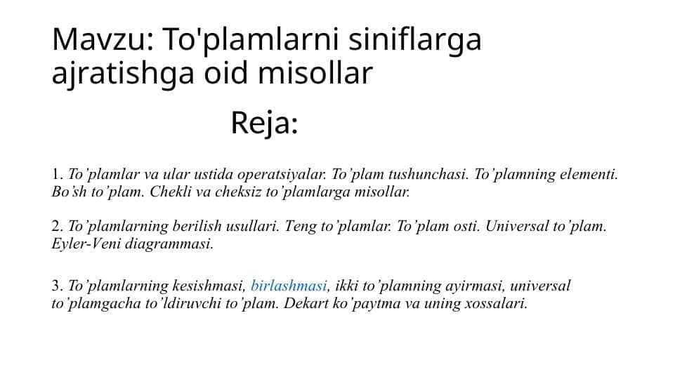 To'plamlarni siniflarga ajratishga oid misollar 1