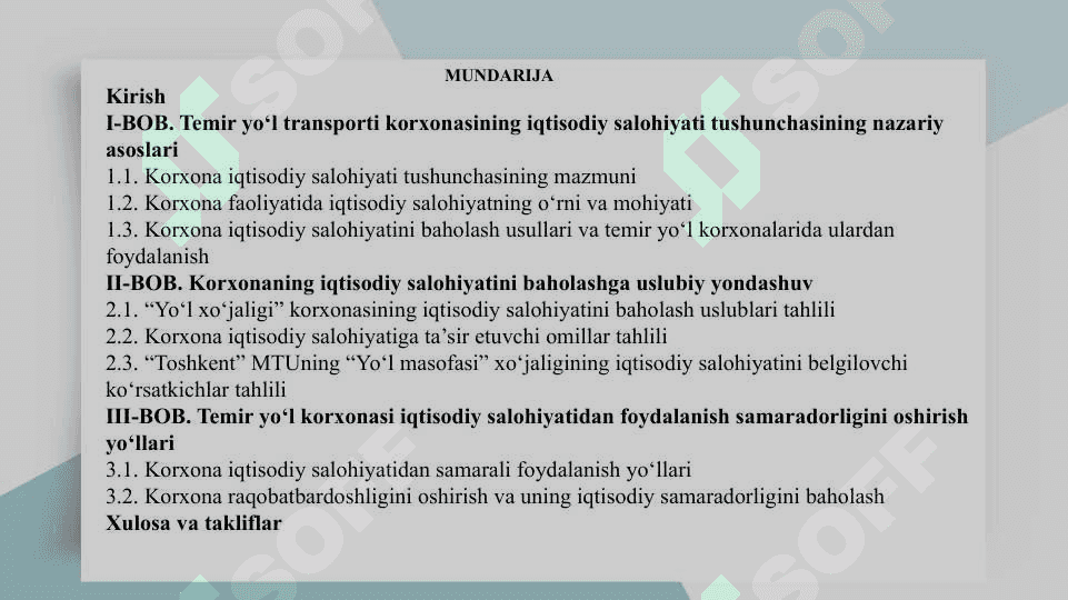 Temir yo‘l korxonalarining iqtisodiy salohiyatini baholash va undan foydalanish samaradorligini oshirish yo‘llari (“Toshkent” MTU misolida) SLAYD DIPLOM ISHI 2