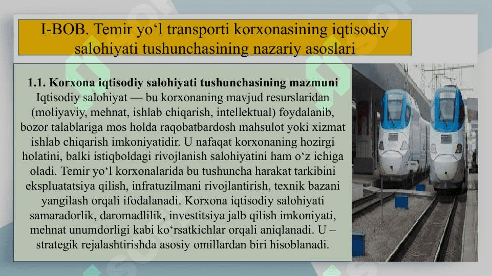 Temir yo‘l korxonalarining iqtisodiy salohiyatini baholash va undan foydalanish samaradorligini oshirish yo‘llari (“Toshkent” MTU misolida) SLAYD DIPLOM ISHI 7