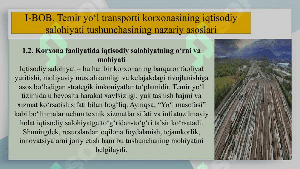 Temir yo‘l korxonalarining iqtisodiy salohiyatini baholash va undan foydalanish samaradorligini oshirish yo‘llari (“Toshkent” MTU misolida) SLAYD DIPLOM ISHI 8