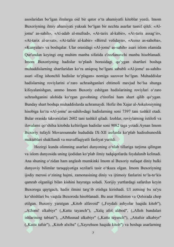 Xadislarida tabiatga oid bandlarini o‘rganish va tahlil qilish. 7