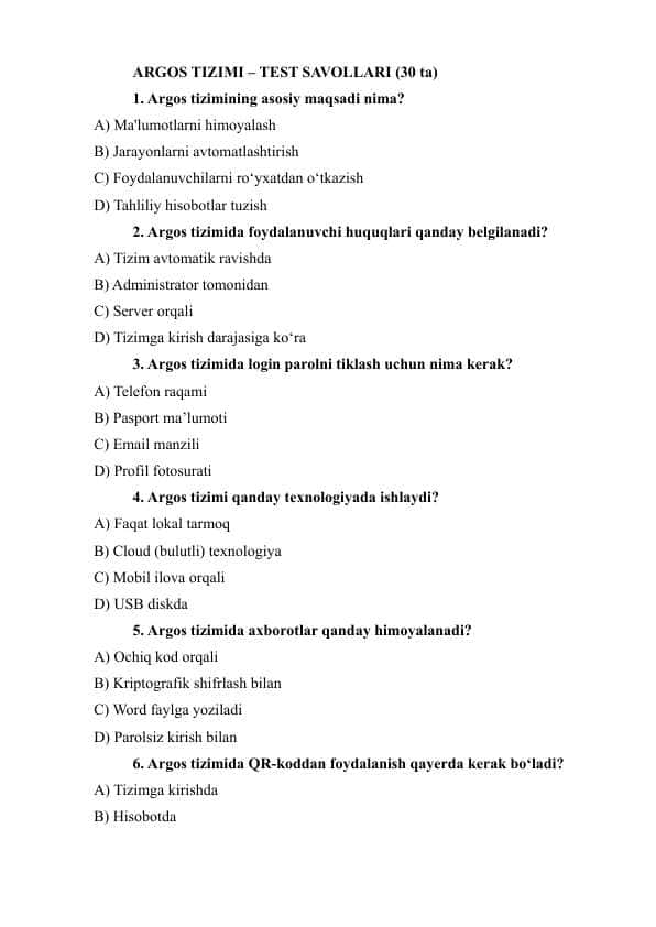 ARGOS TIZIMI – TEST SAVOLLARI (30 ta) 1