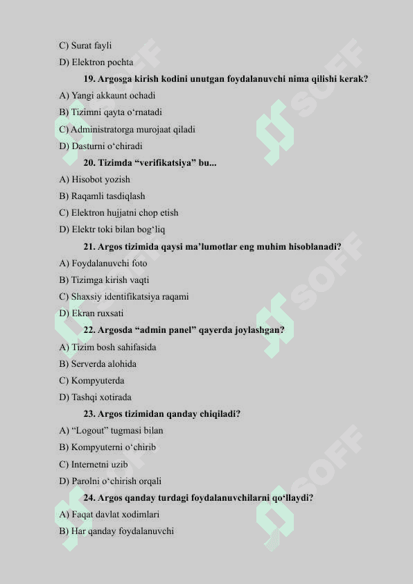 ARGOS TIZIMI – TEST SAVOLLARI (30 ta) 4