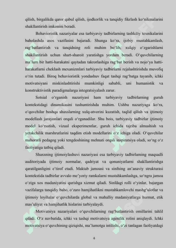 Jamoaviy tarbiyaviy tadbirlarning amalga oshirilishi jarayoni va ularning jamoa faoliyatiga ta’siri 6
