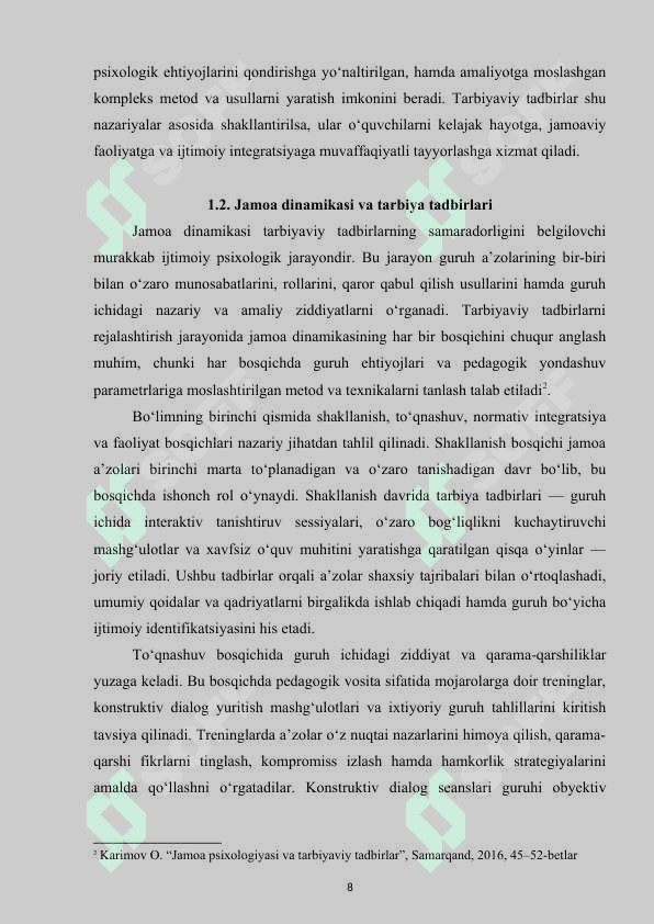 Jamoaviy tarbiyaviy tadbirlarning amalga oshirilishi jarayoni va ularning jamoa faoliyatiga ta’siri 8