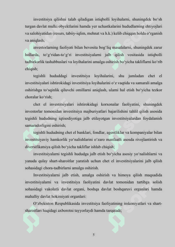 Investitsiya faoliyatining davlat tomonidan tartibga solinishi referat ishi 5