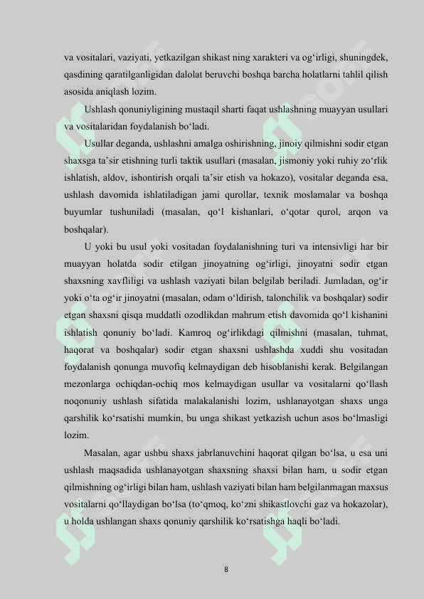 IJTIMOIY XAVFLI QILMISH SODIR ETGAN SHAXSNI USHLASHNING ZARUR CHORALARI CHEGARASIDAN CHETGA CHIQIB, BADANGA QASDDAN OG‘IR SHIKAST YETKAZISH JINOYAT HUQUQI FANIDAN KURS ISHI 8