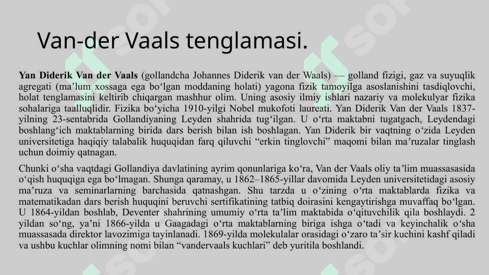 Mavzu:Van-der Vaals tenglamasi. Van-der Vaals izotermalari. Kritik temperature va kritik holat. 2
