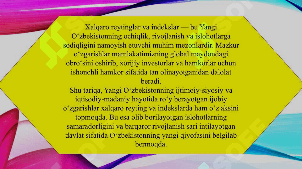 Yangi Oʻzbekiston ijtimoiy siyosiy iqtisodiy va madaniy hayotida roʻy berayotgan oʻzgarishlarning xalqaro reyting va indekslarda aks etishi (TAQDIMOT) 8