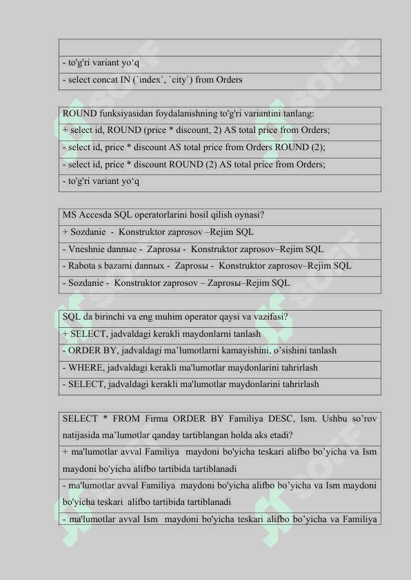 Ma’lumotlar bazasi fanidan TEST savollar 3