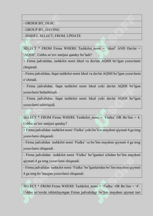 Ma’lumotlar bazasi fanidan TEST savollar 6