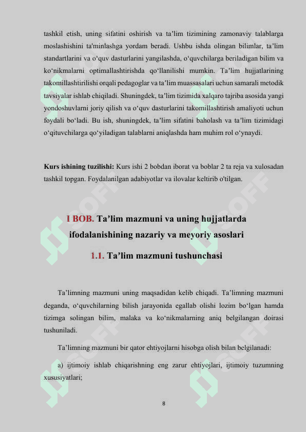 Ta`lim mazmunini aks ettiruvchi hujjatlar (KURS ISHI) 8