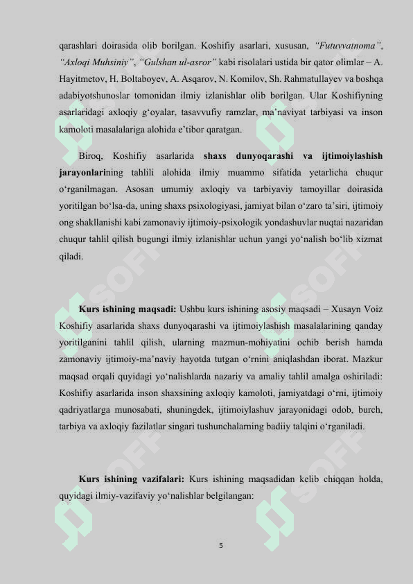 Xusayn Voiz Koshifiy asarlarida shaxs dunyoqarashi va ijtimoiylashish masalalarini yoritishi  (KURS ISHI) 5
