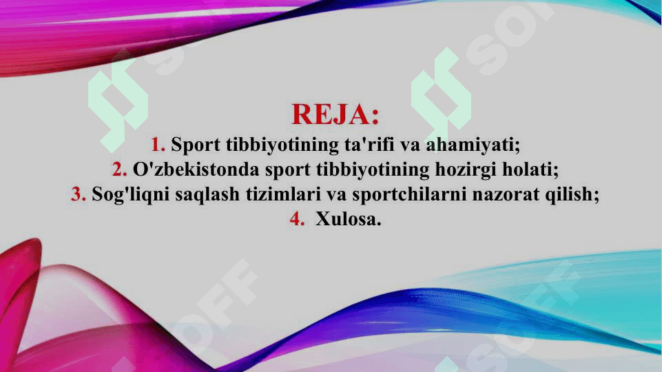 O'zbekistonda sport tibbiyotini tashkil etish asoslari (TAQDIMOT) 2