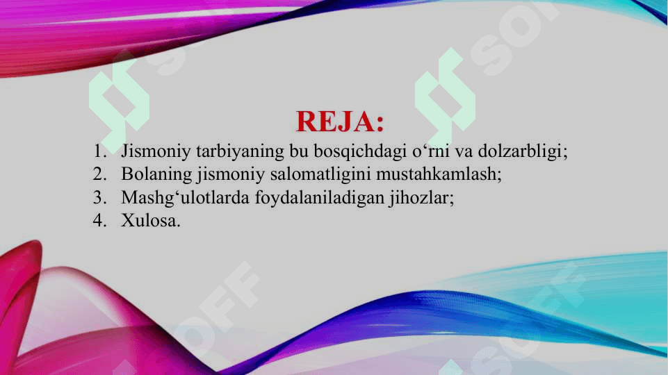 Maktabgacha ta`lim tashkilotlarida jismoniy tarbiya vazifalari va vositalarini tatbiq etish (TAQDIMOT) 2