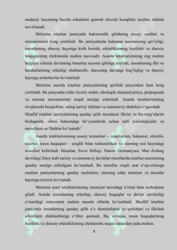 Jorj Oruell “Molxona”  asarida totalitar jamiyat tasvirlanishi 8
