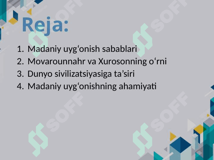 IX-XII asrlarda mamlakatimiz hududida ro‘y bergan madaniy uyg‘onish (Renessans)Buyuk allomalarning jahon sivilizatsiyasiga qo‘shgan hissasi 2