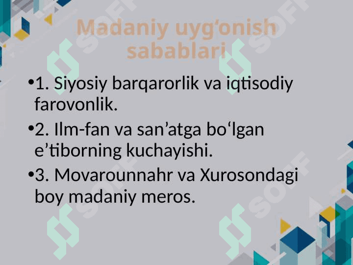 IX-XII asrlarda mamlakatimiz hududida ro‘y bergan madaniy uyg‘onish (Renessans)Buyuk allomalarning jahon sivilizatsiyasiga qo‘shgan hissasi 4