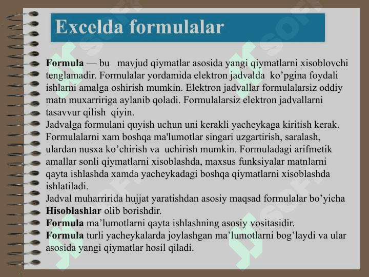 Ms Excel dasturida formula va funksiyalar bilan ishlash 2
