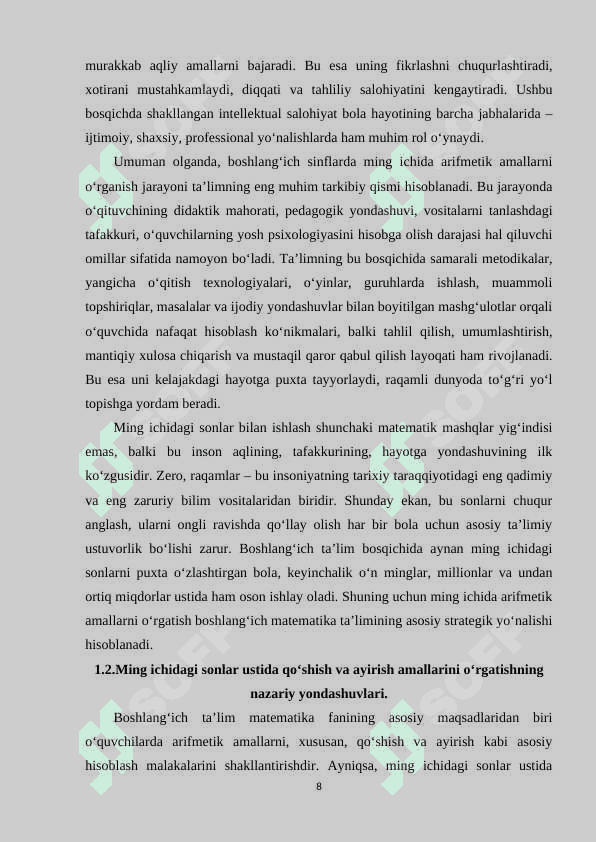 BOSHLANG‘ICH SINFLARDA MING ICHIDA ARIFMETIK AMALLARNI BAJARISH. 7