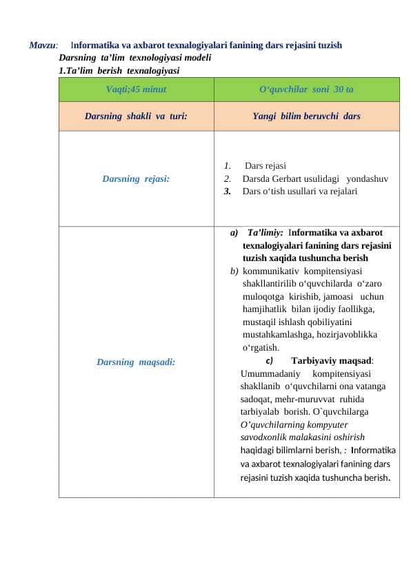 Informatika va axbarot texnalogiyalari fanining dars rejasini tuzish