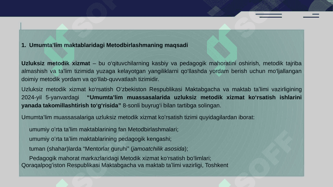 Uzluksiz metodik xizmat va metodbirlashmalar faoliyatini tashkil etish va boshqarish 2