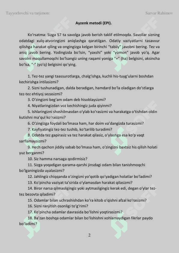 G.Ayzenk EPI so'rovnomasi 2