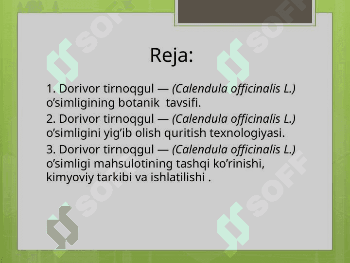 Dorivor tirnoqgul — (Сalendula officinalis L.) xom ashyosini yig’ish, tayyorlash va qayta ishlash texnologiyasini klaster asosida tahlil etish. 2