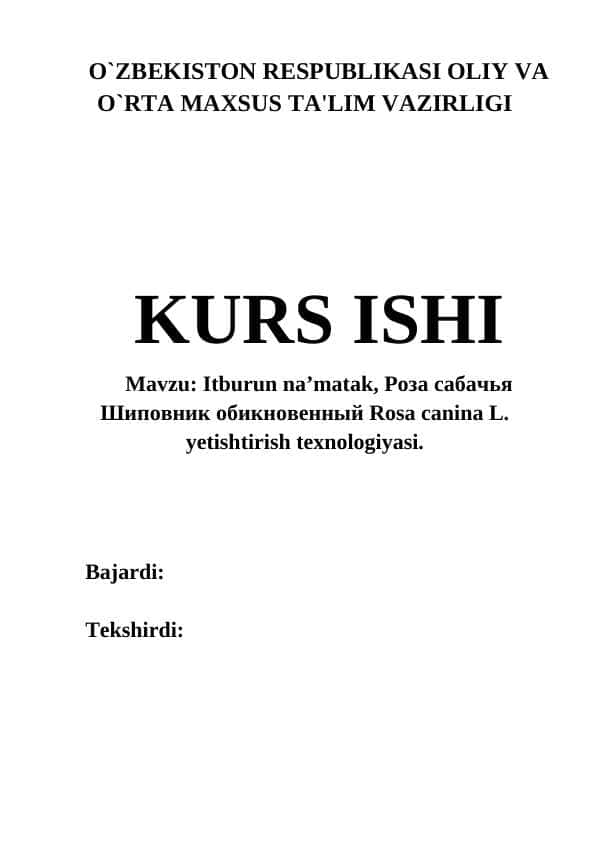 Itburun na’matak, Роза сабачья Шиповник обикновенный Rosa canina L. yetishtirish texnologiyasi. 1
