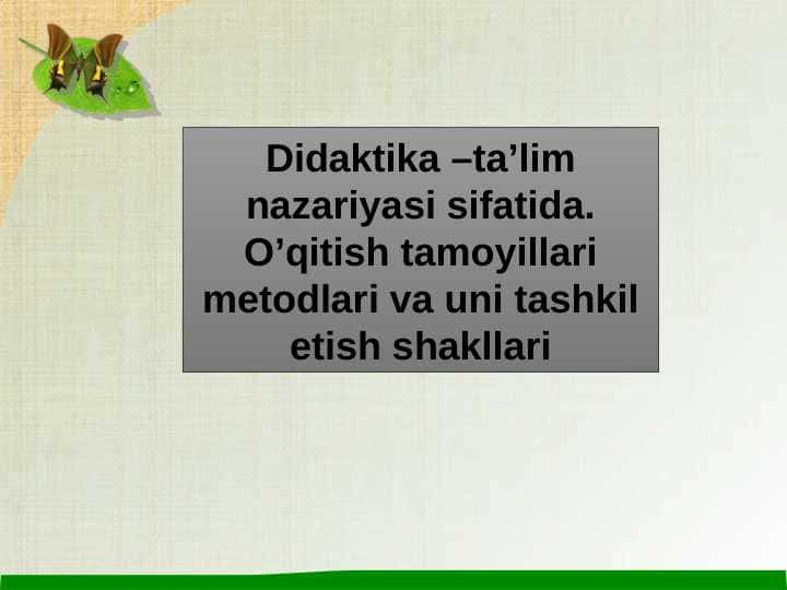 Didaktika –ta’lim nazariyasi sifatida. O’qitish tamoyillari metodlari va uni tashkil etish shakllari