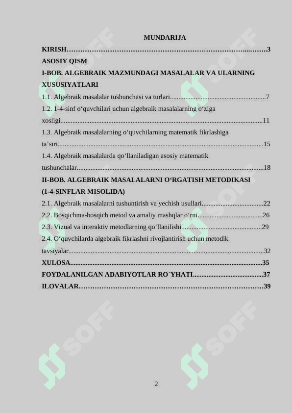 ALGEBRAIK MAZMUNDAGI MASALALAR VA ULARNI O‘RGATISH METODIKASI (1-4-SINFLAR MISOLIDA) 2