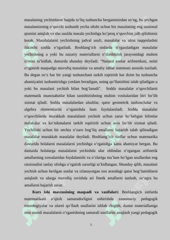 Boshlang`ich sinflarda matematikadan arifmetik amallarni o`rgatish metodikasi 5