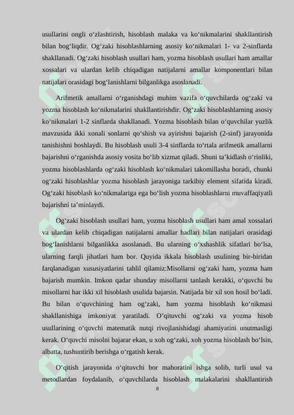 Boshlang`ich sinflarda matematikadan arifmetik amallarni o`rgatish metodikasi 8