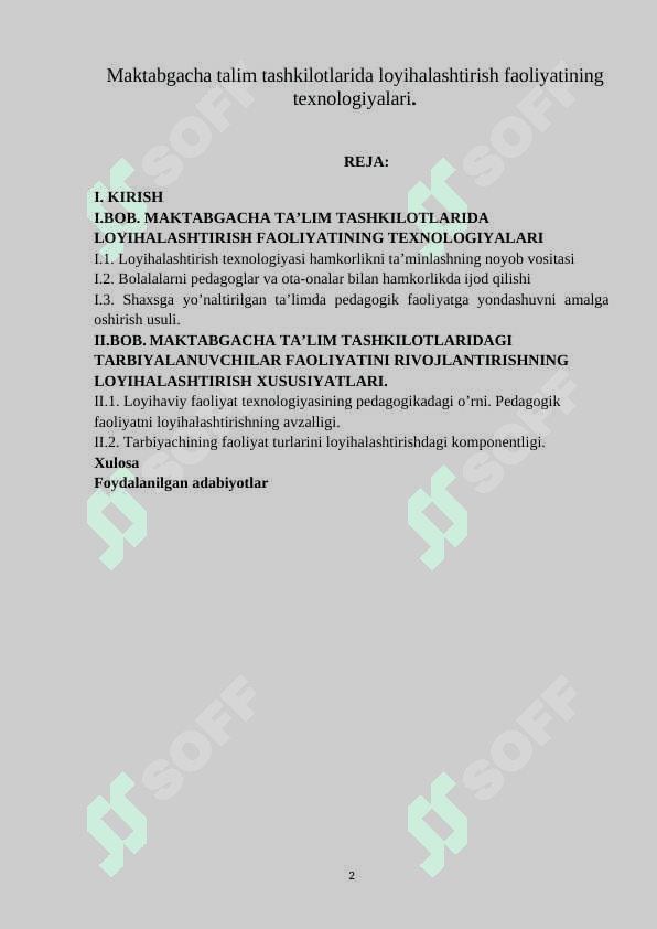 Maktabgacha talim tashkilotlarida loyihalashtirish faoliyatining texnologiyalari. 2