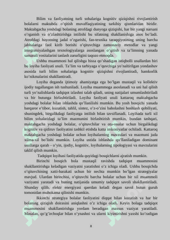 Maktabgacha talim tashkilotlarida loyihalashtirish faoliyatining texnologiyalari. 8