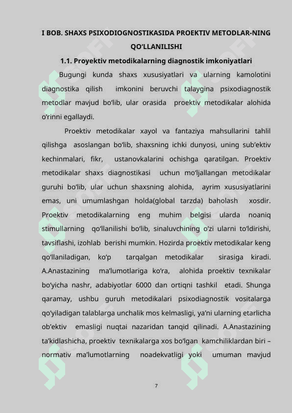 SHAXS PSIXODIOGNOSTIKASIDA PROEKTIV METODLARNING QO’LLANILISHI. SHAXS XUSUSIYATLARINI O’RGANISH METODIKASI 6