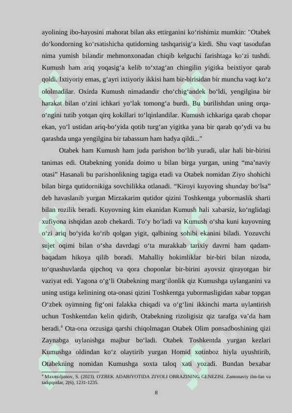 Abdulla Qodiriyning “Oʻtgan kunlar” va Jeyn Ostinning “Andisha va g‘urur” asarlaridagi muhabbat va ijtimoiy toʻsiqlar 8
