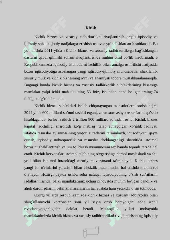 Kichik va o'rta biznesni iqtisodiy-iqtisodiy erkinlikni ta'minlovchi omili sifatida 5