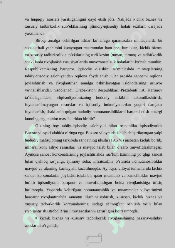 Kichik va o'rta biznesni iqtisodiy-iqtisodiy erkinlikni ta'minlovchi omili sifatida 6
