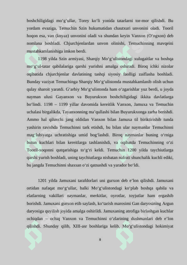 Chingiziylar davlatining tashkil topishi va Oʻrta Osiyoni bosib olishi 8