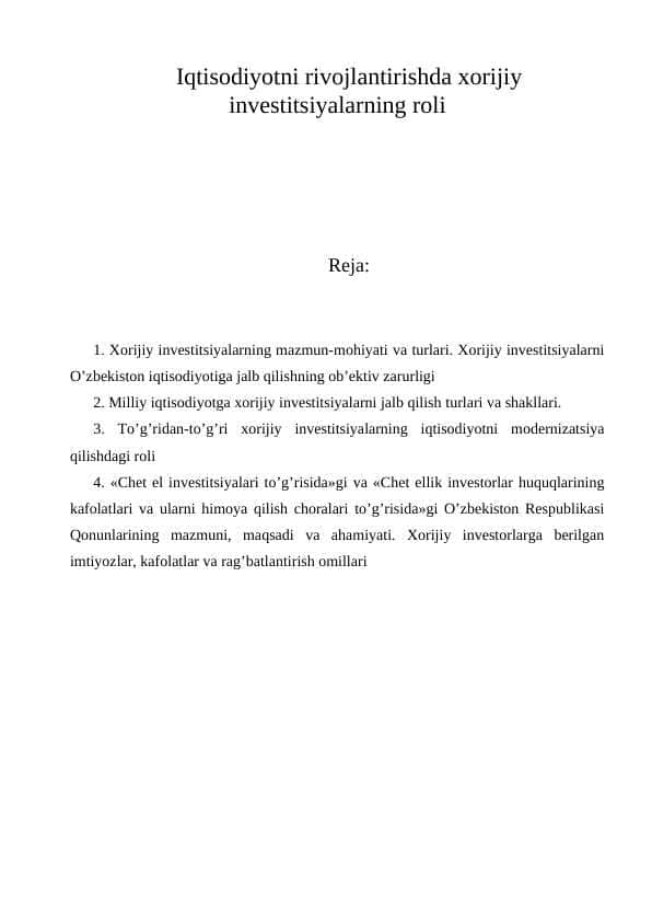 Iqtisodiyotni rivojlantirishda xorijiy investitsiyalarning roli